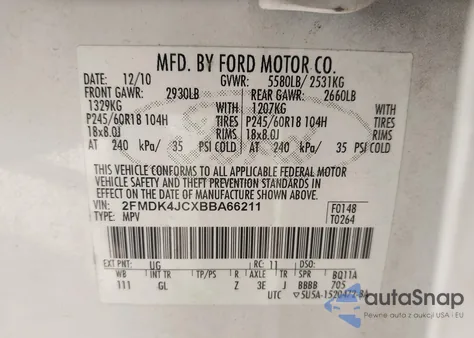 2011 Ford Edge Sel z USA, uszkodzony, nr VIN 2FMDK4JCXBBA66211